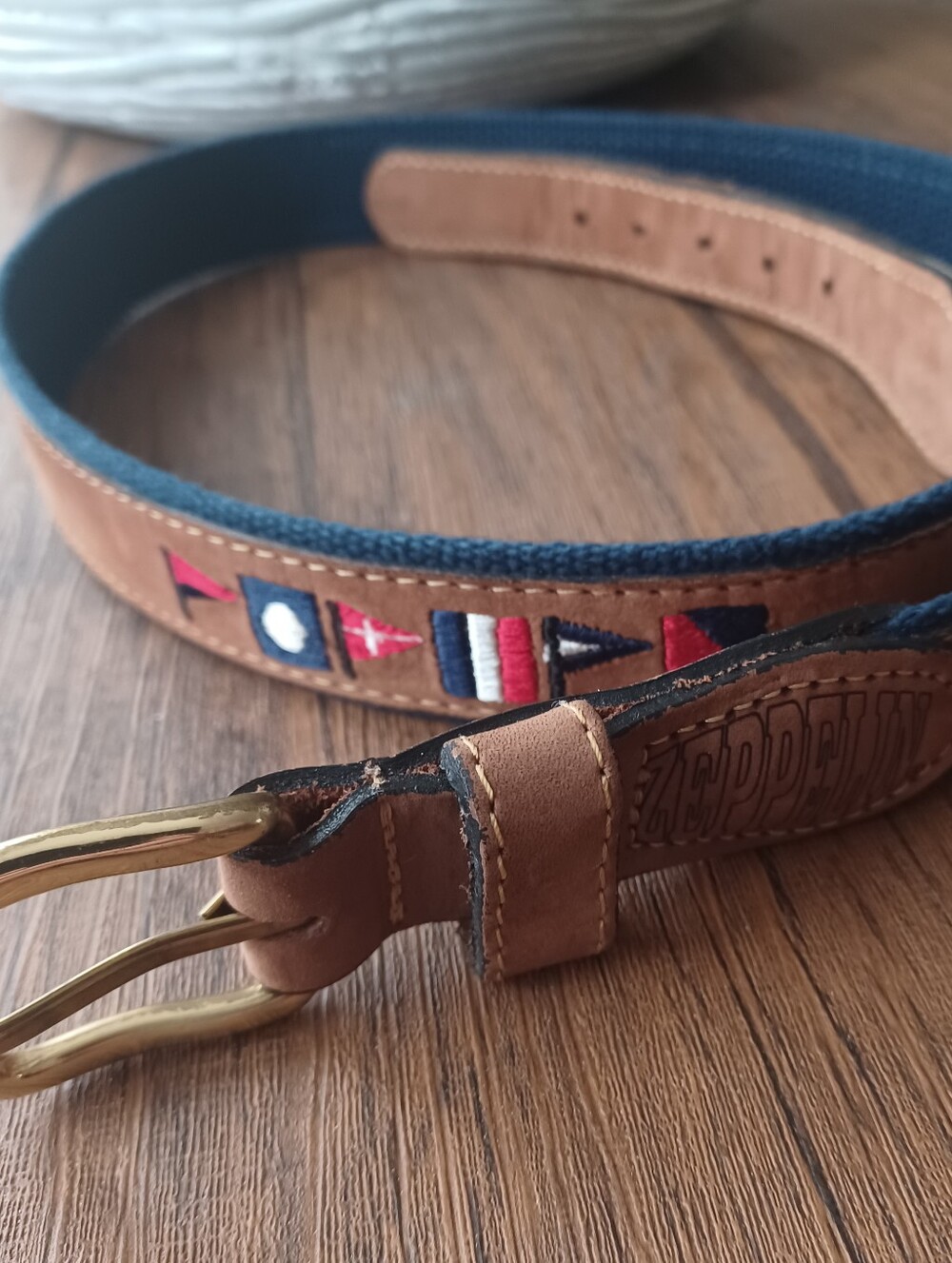 Zeppelin Navy Blue Canvas/Leather Nautical Belt w/Brass Buckle